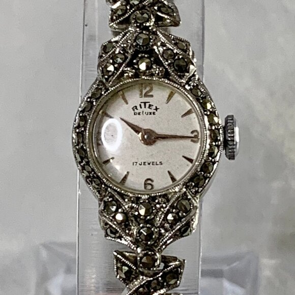 VTG 50s Ritex Swiss Watch Marcasite Silver Plated 17 Jewels Hand Wind Mechanical - Picture 3 of 6